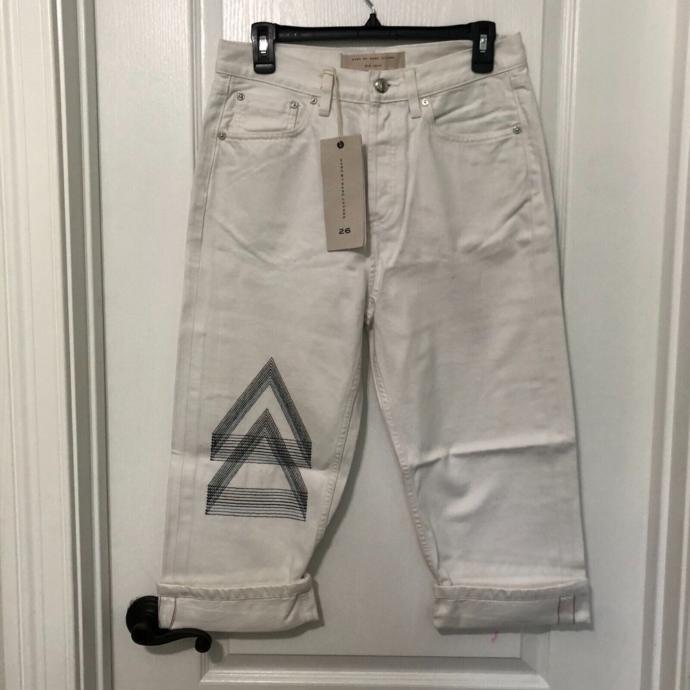 Marc by‎ Marc Jacobs Big Jean White Cropped Wide Leg Embroidered Denim Pants 26